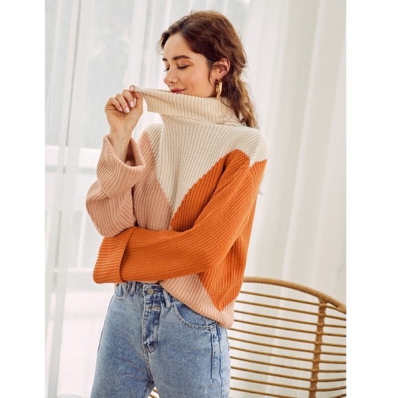 Colorblock Trutleneck Sweater Orange Beige - Picture 9 of 16
